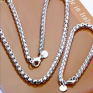 STERLING SILVER BOX CHAIN LINK MATCHING NECKLACE BRACELET SET